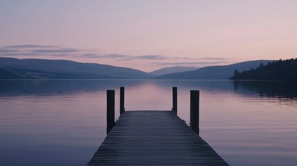 Obraz premium Elegant Minimalist Wooden Dock at Dawn, Calm Lake Reflecting Soft Pastel Blue and Purple Sky, Serene Nature Landscape