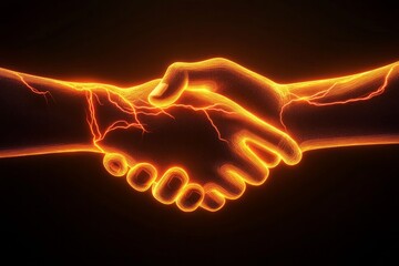A handshake with hands formed of glowing neon light,