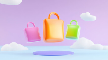 Obraz premium Colorful floating bags in dreamy sky with clouds, creating whimsical atmosphere. Perfect for festive themes