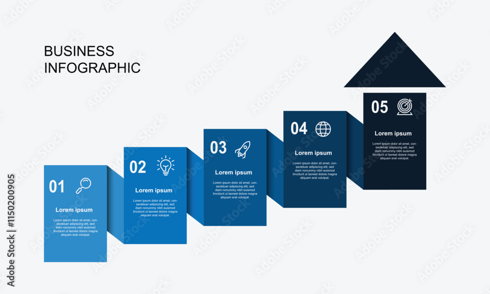 Poster 5 step process infographic template with paper style and blue colour