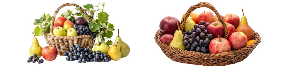 Two baskets of fruit, one with apples and pears and the other with grapes