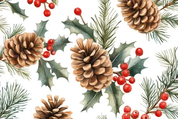 Fotobehang Watercolor Christmas Seamless Pattern with Pine Cones, Holly, and Berries © Sam-th