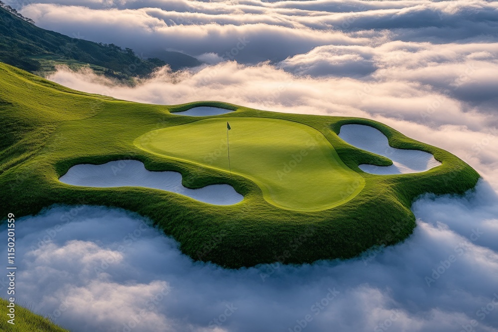 Aufkleber a magical golf course floating in the clouds, with glowing greens, enchanted sand traps, and mystica