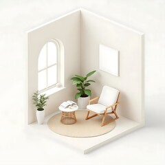 Minimalist Cozy Corner Room Wooden Chair Plants White Walls