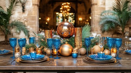Festive Christmas Table Setting with Blue and Gold Decor