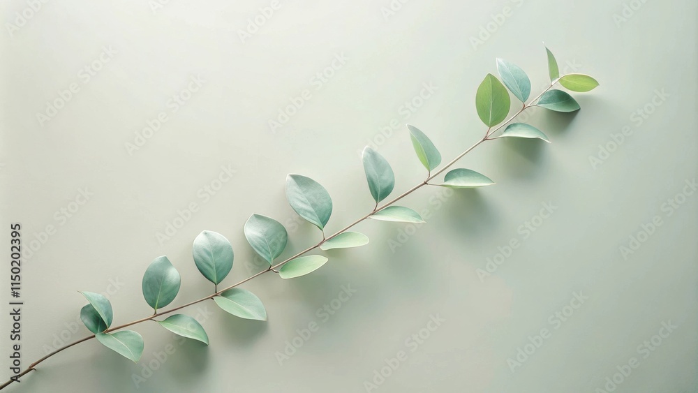 Poster serene sprig of delicate pale green leaves arranged diagonally on a soft sage background
