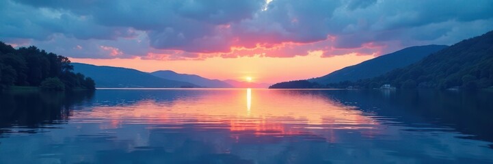 Blue striped background with a serene lake scene at sunset, blue stripes, peaceful