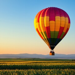 A vibrant hot air balloon floats over a lush green field at sunset, creating a picturesque and serene landscape.