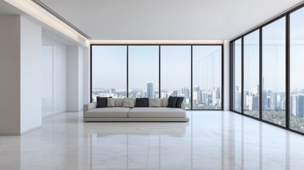 Modern minimalist living room with large windows and city view.