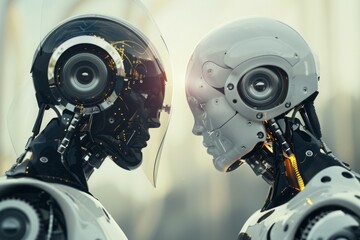 Fototapeta premium Two robots with yellow eyes and yellow ears are facing each other