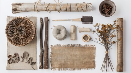 A rustic collection of handmade crafts on white, evoking a sense of creativity and warmth,