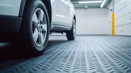 Car parked in a modern garage with a textured floor surface.