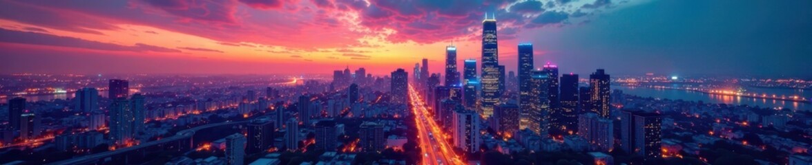 Fototapeta premium Abstracted cityscape at dusk with contrasting skyscrapers and neon lights , architecture, city life