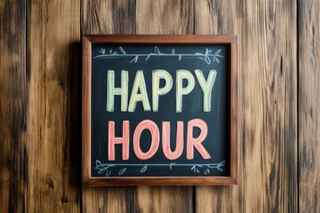 Happy Hour Chalkboard Sign on Rustic Wooden Background: Cheerful Typography for Social Gatherings and Bar Promotions