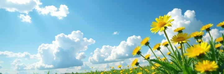 Yellow dandelions sway gently in the breeze under a vast blue sky with fluffy white clouds, blue sky, nature