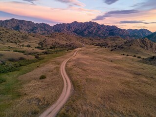 Serene Sunset Over Mountain Trail Landscape Open Terrain Aerial View Tranquility