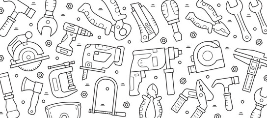 Horizontal background with tools for construction and repair. Vector illustration linear objects