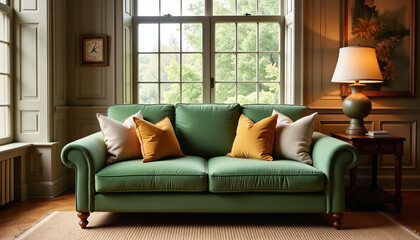 Fototapeta premium Elegance of a vintage living room with a green sofa and warm sunlight streaming through large windows