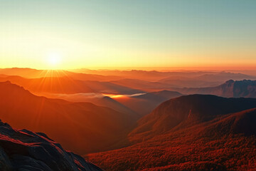 Naklejka premium Breathtaking sunset over mountains with vibrant colors and misty valleys Generative Ai