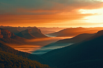Breathtaking mountain landscape at sunset with misty valleys Generative Ai