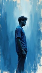 Obraz premium a man standing in front of a blue wall