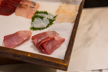 Close up of fresh set of raw sashimi fish on wooden board background