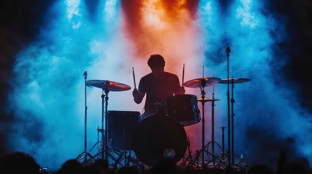 Silhouetted drummer performing on stage with colorful lighting and smoke.