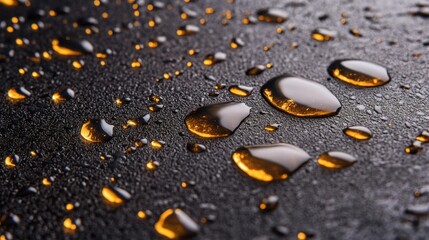 Close-up of water droplets on a dark surface, illuminated in a way that makes them appear golden