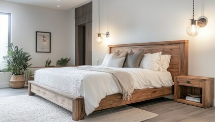 A stylish bedroom with a wooden bed, wall lighting, and a white and grey color