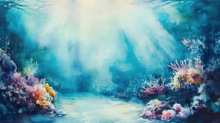 watercolour painting of the underwater ocean landscape, a picturesque natural environment in soft harmonious colours