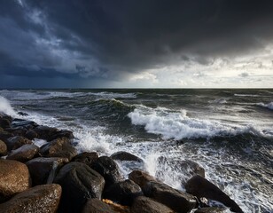 Obraz premium Generated image A stormy Baltic Sea with dark clouds gathering, waves crashing dramatically
