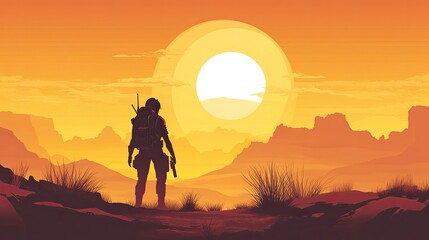 Fototapeta premium A lone desert explorer equipped with high-tech gadgets, silhouetted by the glowing sun in a stunning arid landscape.