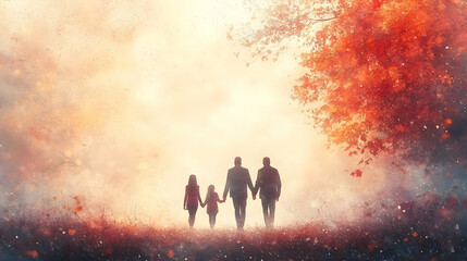 Fototapeta premium Family taking a walk together in autumn capturing vibrant joy and connection close up with copy space on right. concept as A joyful family taking a walk together in autumn captured in a close up that 