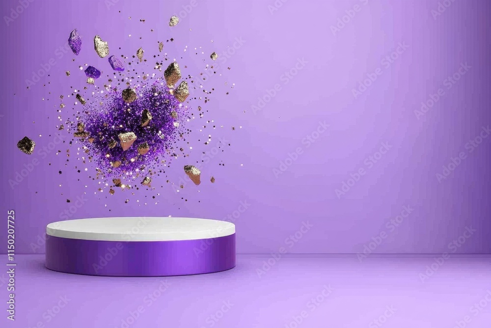 Poster A minimalist flat design of a glitter explosion captured mid-air, using soft gradients and a clean aesthetic