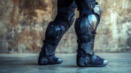 Futuristic knee and shin guards designed for protection and mobility.