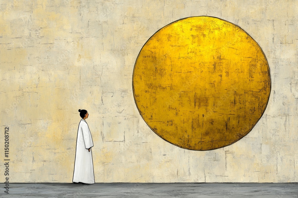 Poster A minimalist representation of a god-like figure standing in a glowing circle, illustrated with bold, clean lines and a simple gold-and-white color palette