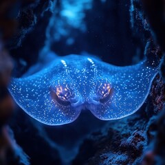 Close-up of a bioluminescent ray in its dark underwater habitat, glowing softly in the deep ocean.