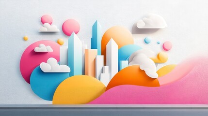 Abstract cityscape in vibrant colors with geometric shapes and clouds, creating a playful and modern atmosphere in a creative design format for artistic backgrounds