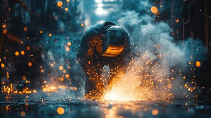 Welder working in industrial setting, sparks flying.