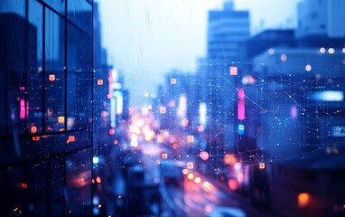 Fototapeta premium Cityscape at Dusk With Rain and Digital Overlay Showcasing Connectivity in Urban Life