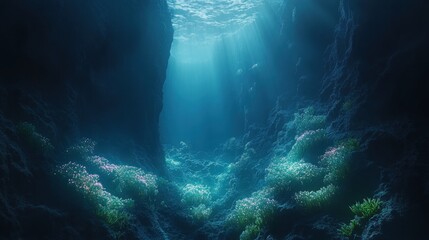 Obraz premium Sunbeams illuminate deep ocean canyon with coral.