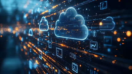 Fototapeta premium Cloud Network Icons with Digital Devices on Plain Background - Accessible Technology Concept with Copy Space