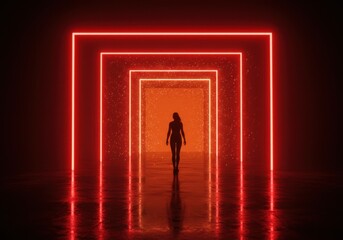 "Cyberpunk Dreamscape: Woman Walking Through Neon Glowing Doorways"