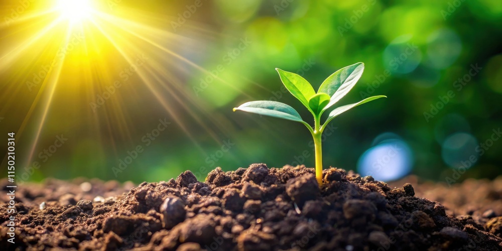 Aufkleber new sprout emerging from dark soil illuminated by bright sunlight, representing growth and new begin