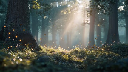 Fototapeta premium Sunlight Filters Through Trees in a Serene Forest, Illuminating Floating Particles in a Peaceful, Enchanted Atmosphere During Early Morning Hours