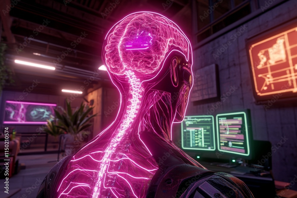 Poster a neon-lit cyberpunk laboratory showcasing a genetically modified organism in a glowing tank, surrou