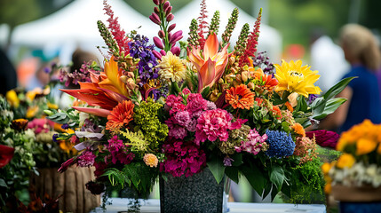 A colorful flower arrangement contest with contestants carefully crafting elaborate bouquets surrounded by nature (3)