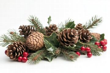 Christmas Decoration with Pine Cones, Holly, and Berries