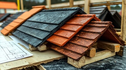 Naklejka premium Showcasing premium roofing tiles quality assurance at construction site product display in industrial setting