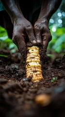 Obraz premium Hands planting cassava, a starchy tuber crop, in rich dark soil.